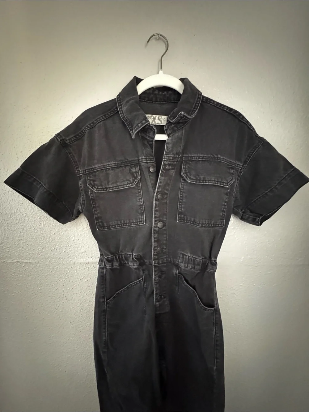 Free People Black Short-Sleeve Denim Jumpsuit Coverall